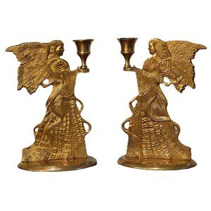 Pair of Vintage Brass Angel Candle Holders